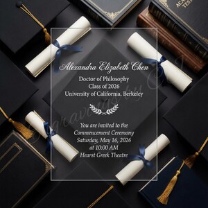 Clear Acrylic Graduation Invitation | Laser Engraved PhD Graduation Invite | Class of 2026 Commencement Announcement