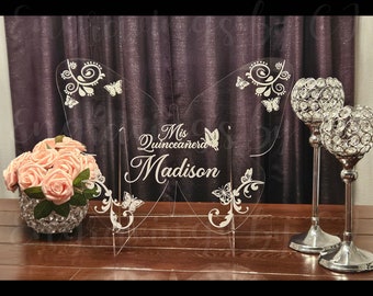 Custom Laser engraved Butterfly Shaped Sign, Acrylic Reception Sign, Quinceañera or Party Sign , Butterfly Theme Welcome Sign