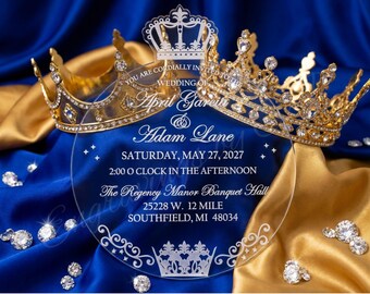 Royal Wedding Acrylic Custom Invite, Acrylic Wedding Invitation, Laser Engraved Acrylic Invite, Royal Crown Wedding Invitation