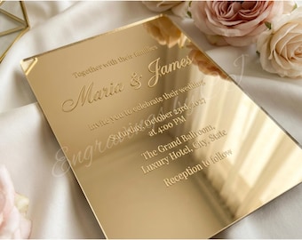 Gold Mirror Acrylic Wedding Invitation | Luxury Engraved Mirror Wedding Invite | Elegant Modern Custom Wedding Invitation