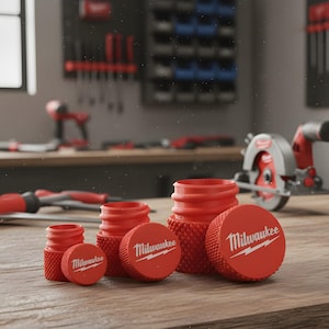 May include: A selection of red and black Milwaukee power tools and accessories on a wooden workbench. The image includes a drill, impact driver, circular saw, and red caps with the Milwaukee logo. Tools are arranged in a workshop setting.