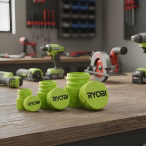 May include: A selection of lime green RYOBI branded tool accessories, including caps and cylindrical components, are displayed on a wooden surface. Power tools, such as drills and a circular saw, are visible in the background, suggesting a workshop setting.