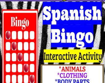 Teaching Spanish Digital Bingo Games For Vocabulary!    Set #1- Animals, Clothing, Body Party, Counting to 100.  (On Google Slides)