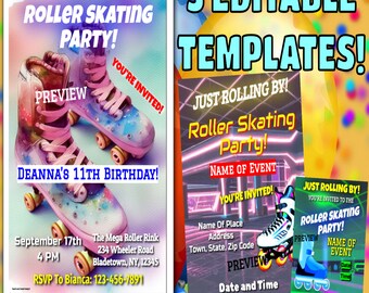 Roller Skating Birthday Party Invitations- Three Personalized Editable Templates on Google Slides- Send As Digital Invites Text and Email