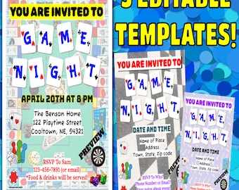 Game Night Party Invitations- Three Personalized Editable Templates on Google Slides- Send As Digital Invites Text and Email