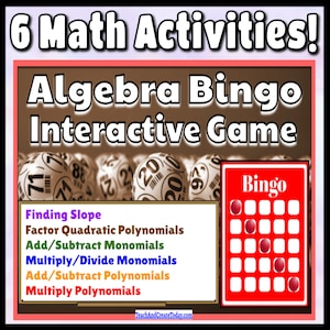 Algebra I Math Bingo Spiele Set # 2 - Neigung, Faktor Quadratische Polynome, Addieren, Subtrahieren, Multiplizieren, dividieren Monome & Polynome
