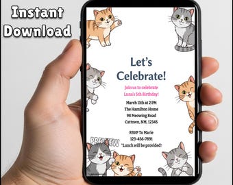 Editable Cat Party Invitation: Printable Birthday Template (5x7 & 8.5x11) Digital Download