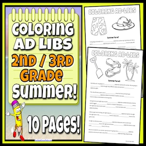 Summer Coloring Ad Libs - Creative Writing Activity for 2nd and 3rd Graders - 10 Printables for Kids