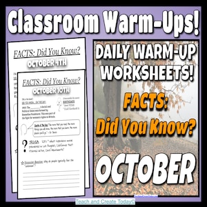 May include: Classroom warm-up worksheets featuring the text "Facts: Did You Know?" and "Daily Warm-Up Worksheets!" The worksheets are dated October 4th and October 10th, with trivia questions and discussion prompts. The background is a purple gradient.