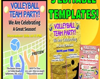 Volleyball Team Party Invitations- Three Personalized Editable Templates on Google Slides- Send As Digital Invites Text and Email