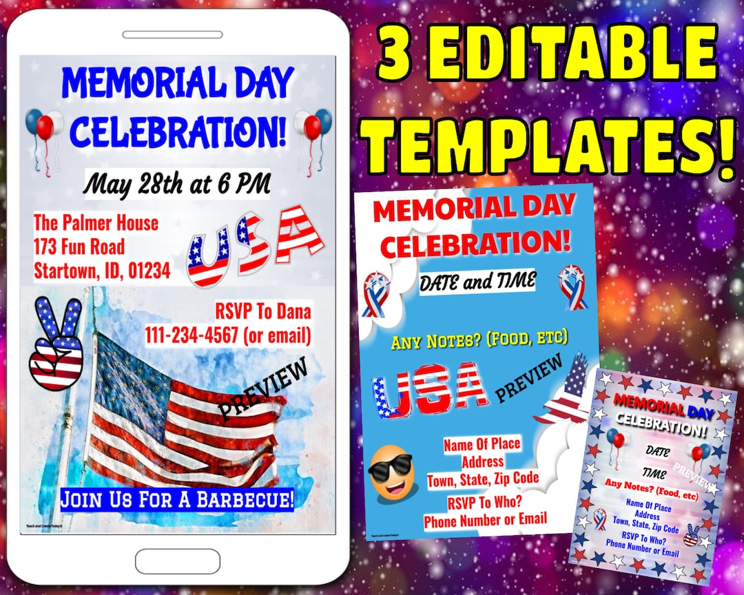 Memorial Day Party Invitations THREE Templates to Choose - Etsy