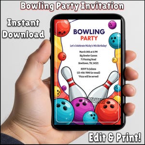 Editable Bowling Party Invitation | Printable Invite for Celebration | 5x7 and 8.5x11 Sizes | Instant Download | Digital Template