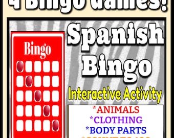 Teaching Resources Spanish Digital Bingo Games For Vocabulary   Set #1  Animals - Clothing - Body Parts - Count to 100  - On Google Slides