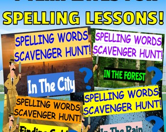 ELA Digital Spelling Words Scavenger Hunts Bundle of Templates #2: Forest, City, The Rain & Finding Gold!