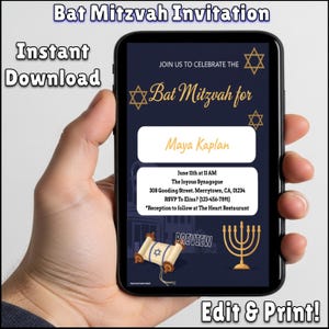 Editable Bat Mitzvah Invitation | Printable Invite for Celebration | 5x7 and 8.5x11 Sizes | Instant Download | Digital Template