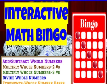 6th Grade Math Bingo Games Set #1- Add, Subtract, Multiply, Divide Whole Numbers, Exponents-Decimal, Fraction Bases