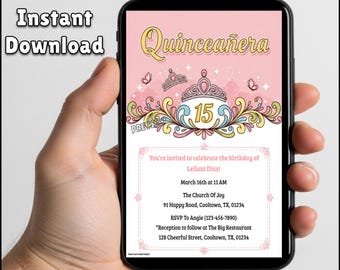 Bewerkbare quinceañera-uitnodiging | Moderne digitale sjabloon (5 x 7 en 8,5 x 11)