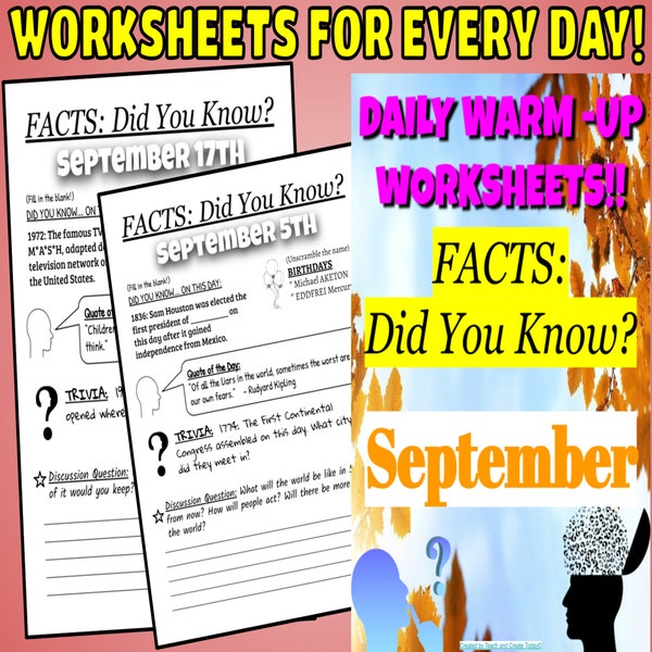 Back To School September Daily Warm Ups Worksheets: Did You Know?  Classroom Teaching Handouts, Brain Breaks Activities