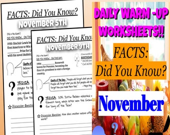 November Daily Warm Ups Worksheets: Did You Know?  Classroom Teaching Handouts, Brain Breaks Activities