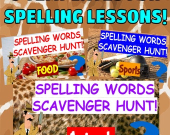 ELA Digital Spelling Words Scavenger Hunts Bundle of Templates #1: Animals, Food, Sports