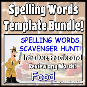 ELA Digital Spelling Words Scavenger Hunts Bundle of Templates #1: Animals, Food, Sports