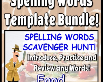 ELA Digital Spelling Words Scavenger Hunts Bundle of Templates #1: Animals, Food, Sports