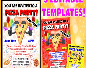 Pizza Party Invitations- Three Personalized Editable Templates on Google Slides- Send As Digital Invites Text and Email