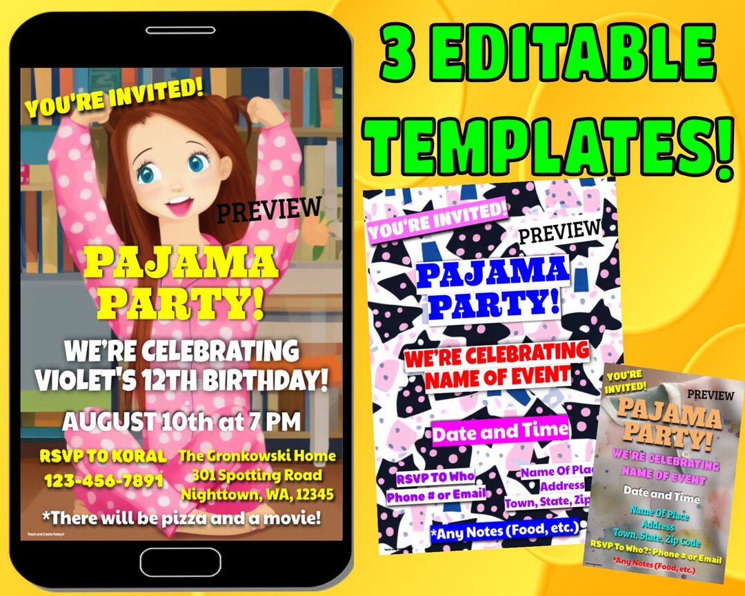 Pajama Party Invitations THREE Templates to Choose From Edit Etsy