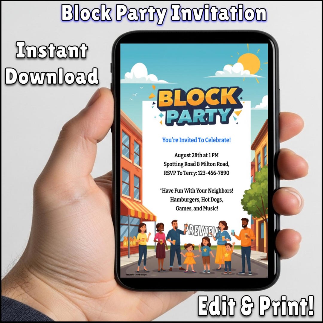 Editable Block Party Invitation | Printable Digital Template (5x7 & 8 ...