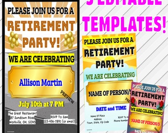 Retirement Party Invitations- Three Personalized Editable Templates on Google Slides- Send As Digital Invites Text and Email