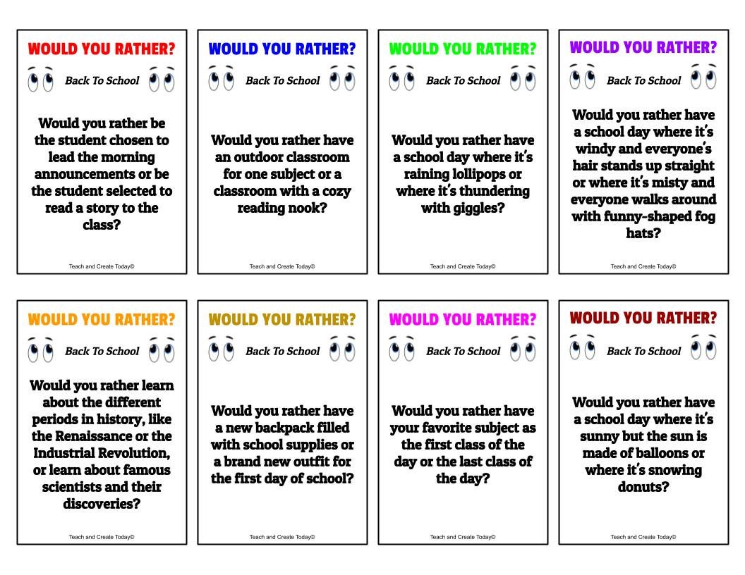 Would You Rather Cards- Back to School Edition! Printable 100 ...
