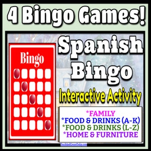 Puede incluir: Una imagen promocionando el Bingo en español, con un título y una tarjeta de Bingo roja. La imagen incluye el texto "Actividad interactiva" y enumera temas como Familia, Comida y Bebidas y Hogar y Muebles.