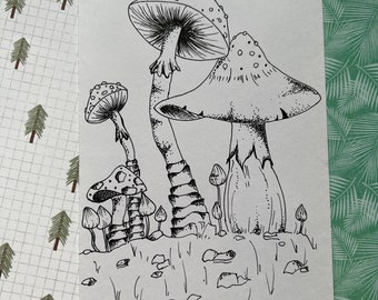 Handgezeichnete schwarze Stift Tinte Pilz Toadstool Zeichnung