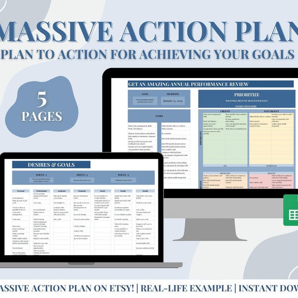 Massive Action Plan | Planner for Goals Desires Ambitions | Google Sheets Instant Download | Action Plan