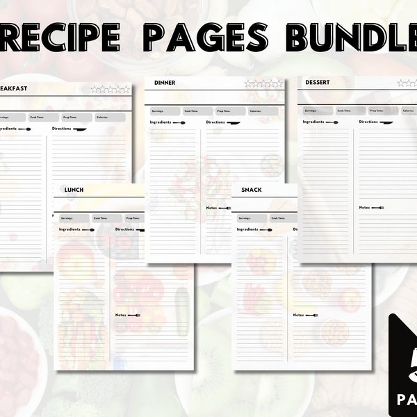 Recipe Pages Bundle | Breakfast Lunch Dinner Snack Dessert Recipe Card