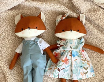 Handmade Linen Fox Doll: Personalized Stuffed Woodland Toy