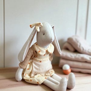 Personalized Linen Bunny Doll: Custom Name, Floral Dress, Handmade