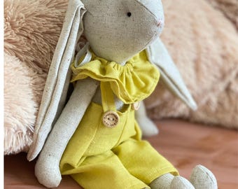 Personalized Linen Bunny Doll, Handmade Soft Plush Toy, Nursery Decor