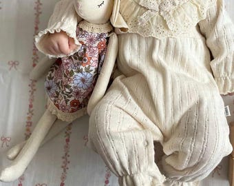 Personalized Linen Bunny Toy: Handmade Cotton Plush Rabbit, Floral Dress