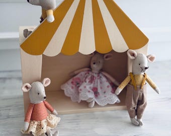 Linen Mouse Toy: Handmade Miniature Mice Family, Pretend Play Doll