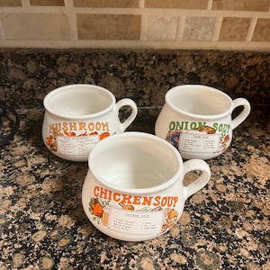 Vintage 1970s set of 3 soup bowls. Mushroom, Chicken Soup and Onion soup