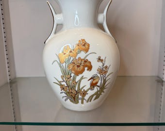 Vaso vintage de porcelana branca com desenho de pássaro íris dourado | Vaso com alça de inspiração asiática | Decoração Chinoiserie | Vaso floral de 25 cm