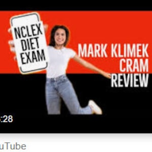 Op de afbeelding: Een vrouw houdt een smartphone vast met "NCLEX DIET EXAM" op het scherm. De achtergrond is rood en zwart met de tekst "MARK KLIMEK CRAM REVIEW". Het YouTube-logo staat linksonder.