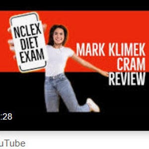 May include: A woman jumps in the air while holding a smartphone with the text "NCLEX DIET EXAM" on the screen. The background is red and black with the text "MARK KLIMEK CRAM REVIEW" in white.