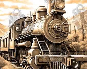 3D Illusion Laser PNG: Old West Locomotive Engraving (Digital File)