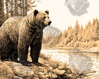 以下が含まれることがあります： 茶色のクマが、穏やかな川の岩だらけの岸辺に立っています。川は木々が生い茂る森に囲まれ、薄い茶色の背景になっています。