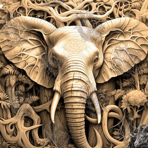 以下が含まれることがあります： ジャングルのシーンから現れる象の頭部の詳細な3D彫刻。象の鼻は丸まっており、耳は大きく複雑です。背景はつる、葉、木でいっぱいになっており、奥行きと質感を感じさせます。