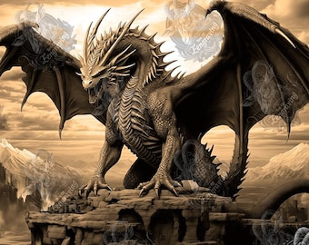 May include: A large, brown dragon with wings spread wide, perched on a rocky cliff overlooking a city in the distance. The dragon has a fierce expression and sharp claws.