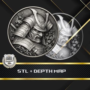 Mapa de Profundidade e Arquivo STL da Moeda Samurai Warrior, Relevo 3D para Gravação a Laser CNC
