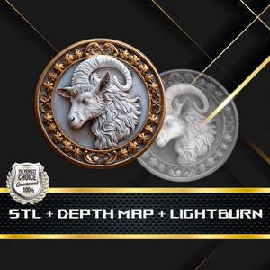 May include: A detailed, 3D-rendered medallion featuring a ram's head in white against a gray background. The ram is encircled by a gold-colored decorative border. The text "STL + DEPTH MAP + LIGHTBURN" is displayed at the bottom.